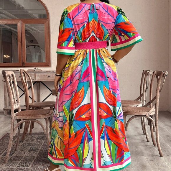 Multicolor Boho Women's Plus Size Vacation Casual Plant Printed High-Waist Long - Picture 3 of 6